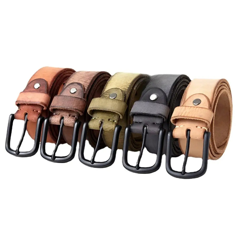 Assorted full-grain leather belts with black buckles, a versatile accessory in various colors