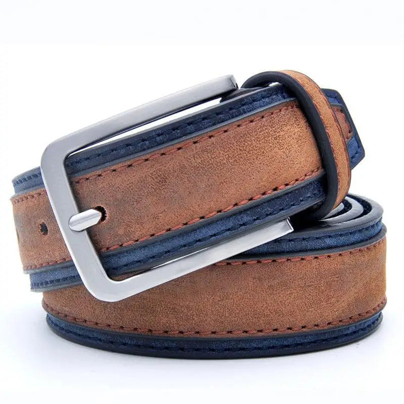 Renato Belt stacked leather belts with brown and blue leather and silver buckles