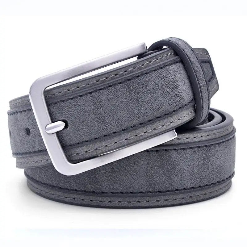 Gray leather belt with silver buckle, part of Renato Belt Stacked Leather Belts collection