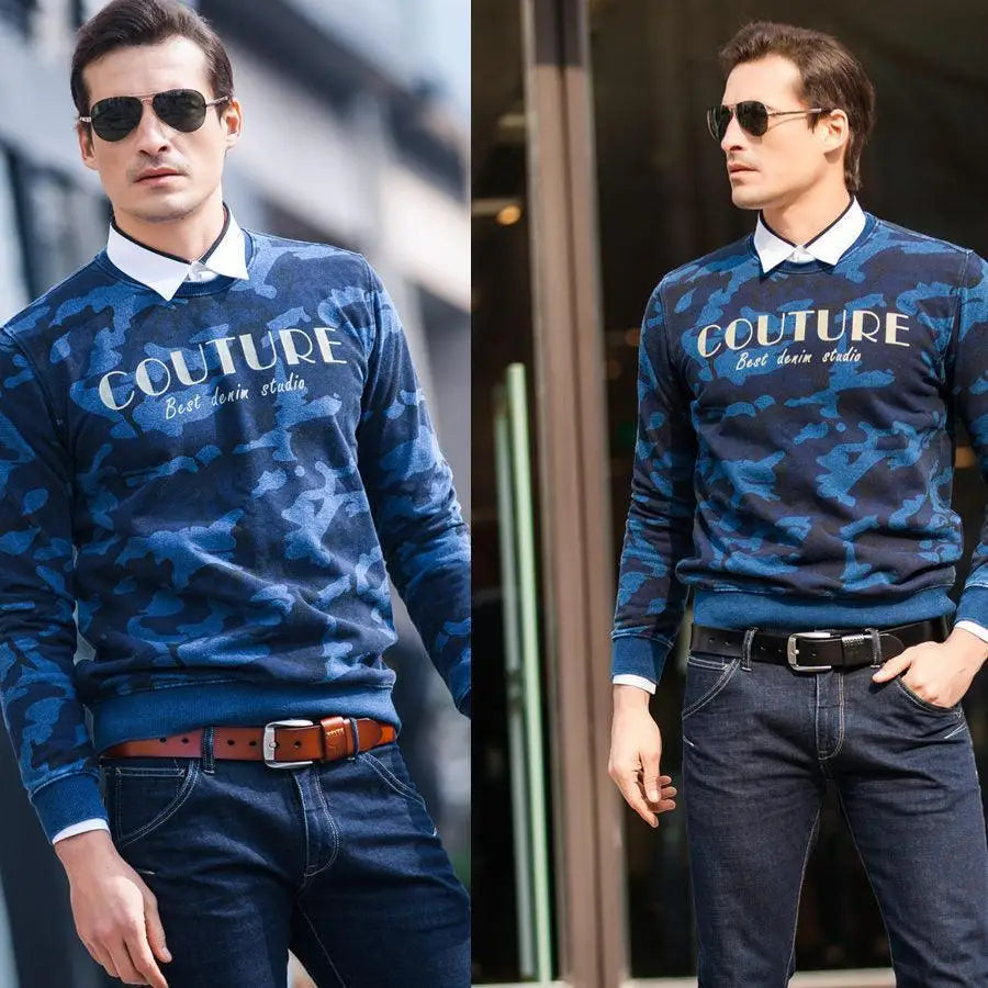 Man wearing a blue camouflage sweater with Reziko Belt Set featuring leather and metal buckles