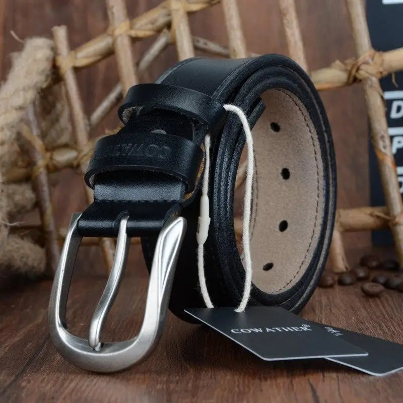 Black leather belt with a silver buckle from Leather Belts with Silver Buckles in Brown and Black