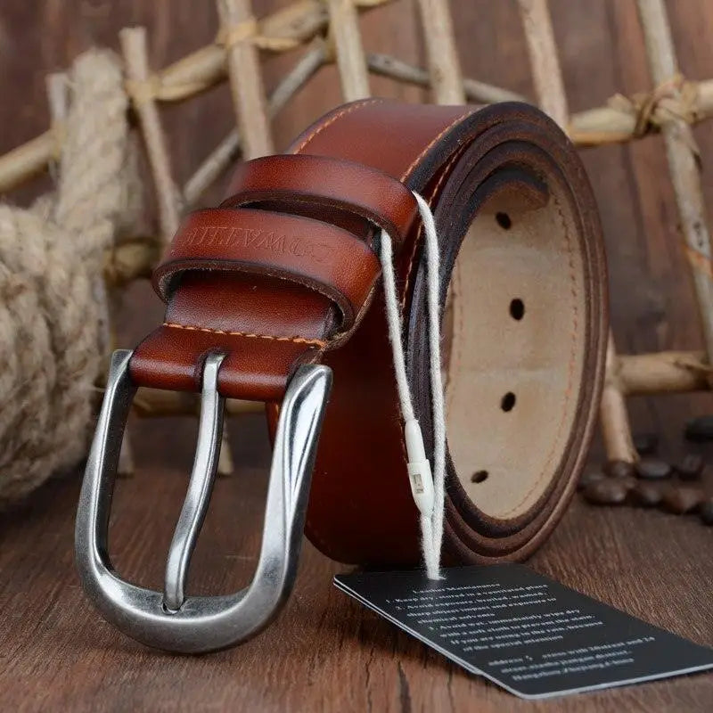 Brown leather belt with a silver buckle from Leather Belts with Silver Buckles in Brown and Black