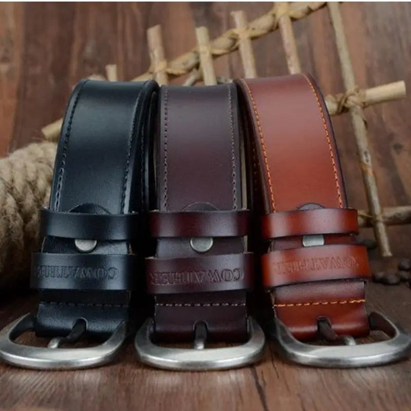 Three leather belts with silver buckles displayed for the Leather Belts with Silver Buckles in Brown and Black product
