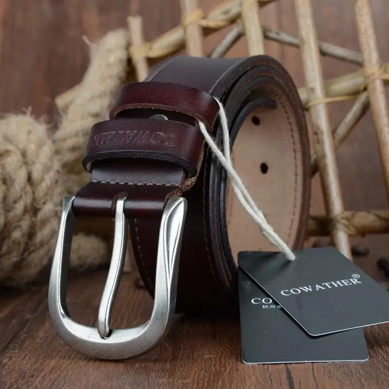 Brown leather belt with a silver buckle from Leather Belts with Silver Buckles in Brown and Black
