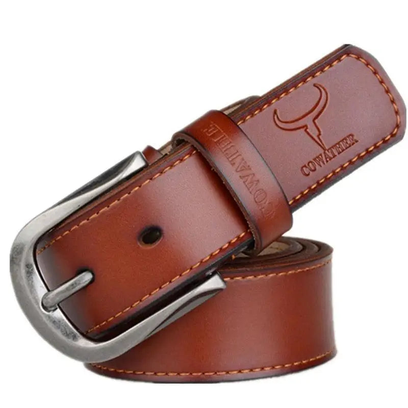 Brown leather belt with silver buckle from Leather Belts with Silver Buckles in Brown and Black