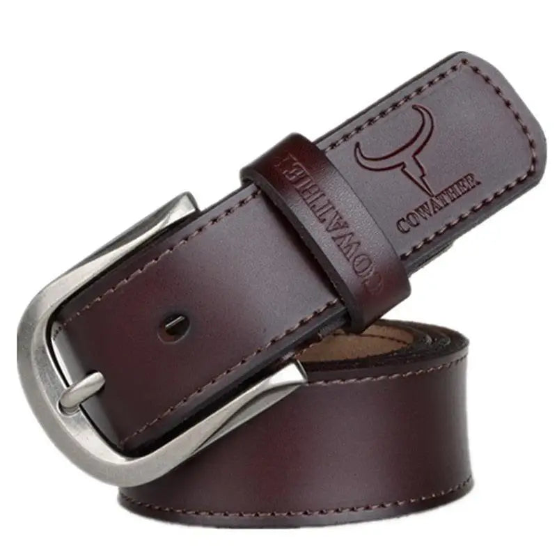 Brown leather belt with a silver buckle from Leather Belts with Silver Buckles in Brown and Black