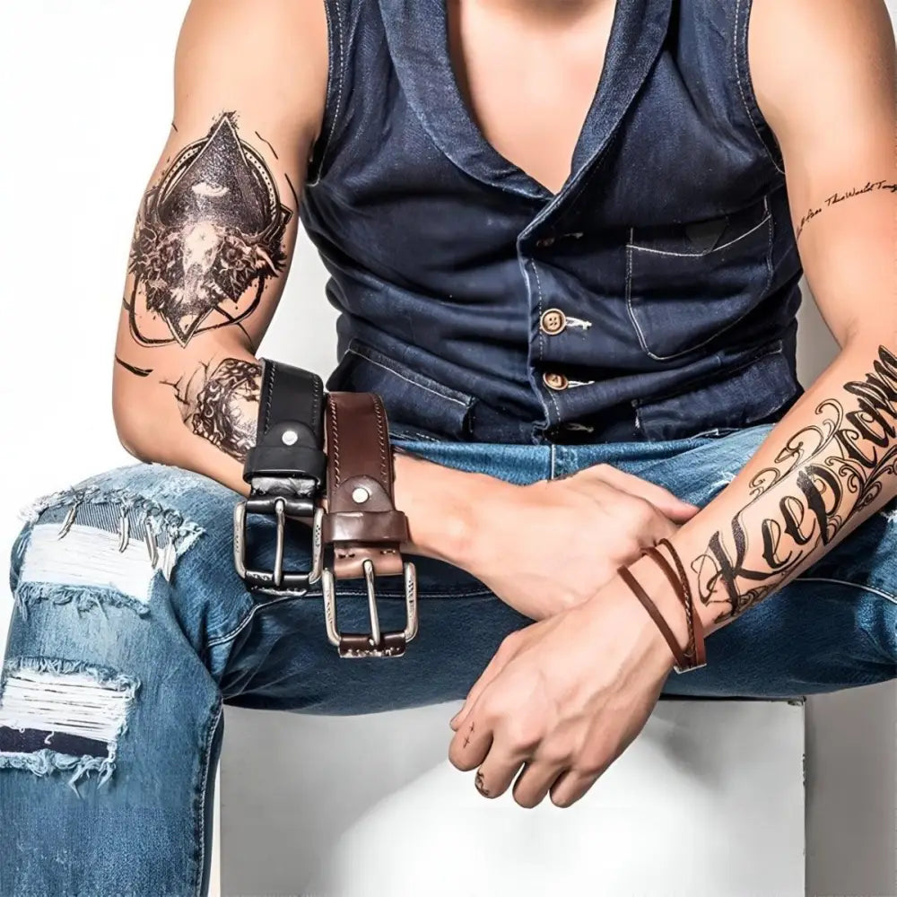 Man with tattoos wearing a denim vest and ripped jeans modeling Two Brown Leather Belts with Silver Buckle for Men