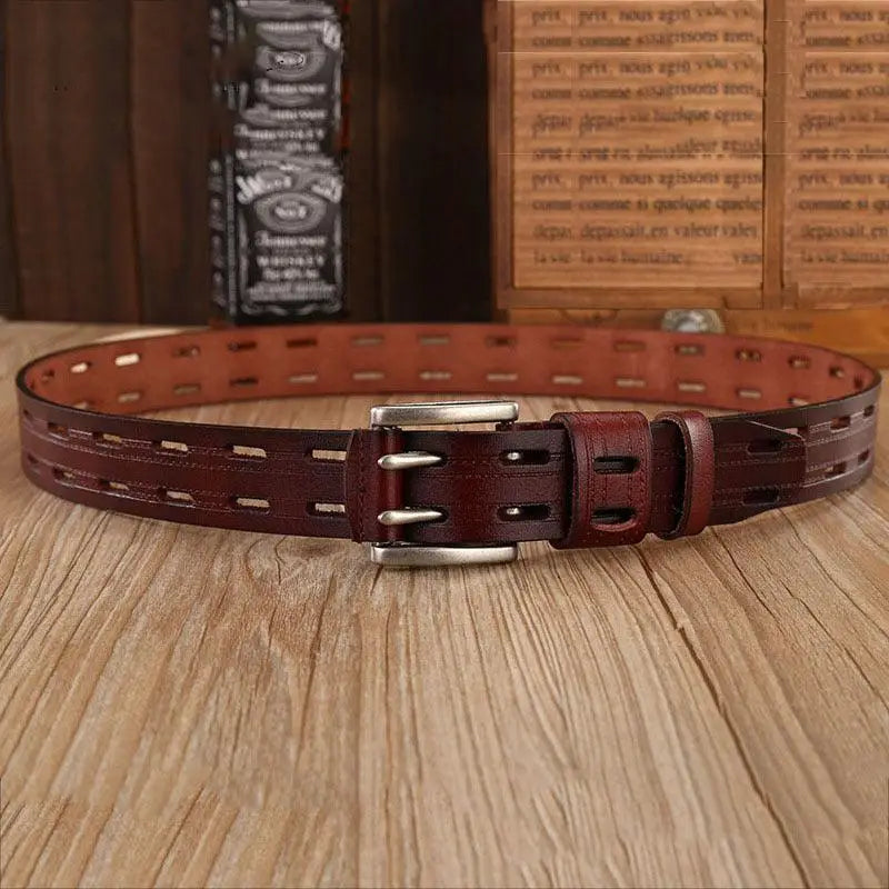 Maroon leather belt with double-prong buckle from Maroon and Brown Leather Belts with Silver Buckles collection