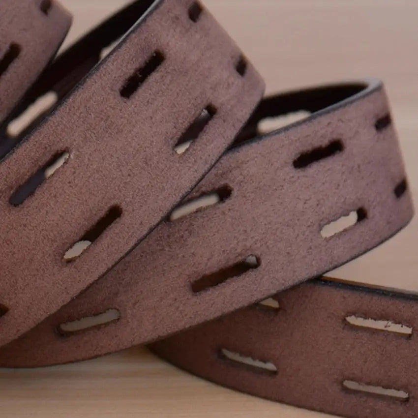 Brown leather belt with rectangular cutouts from Maroon and Brown Leather Belts with Silver Buckles