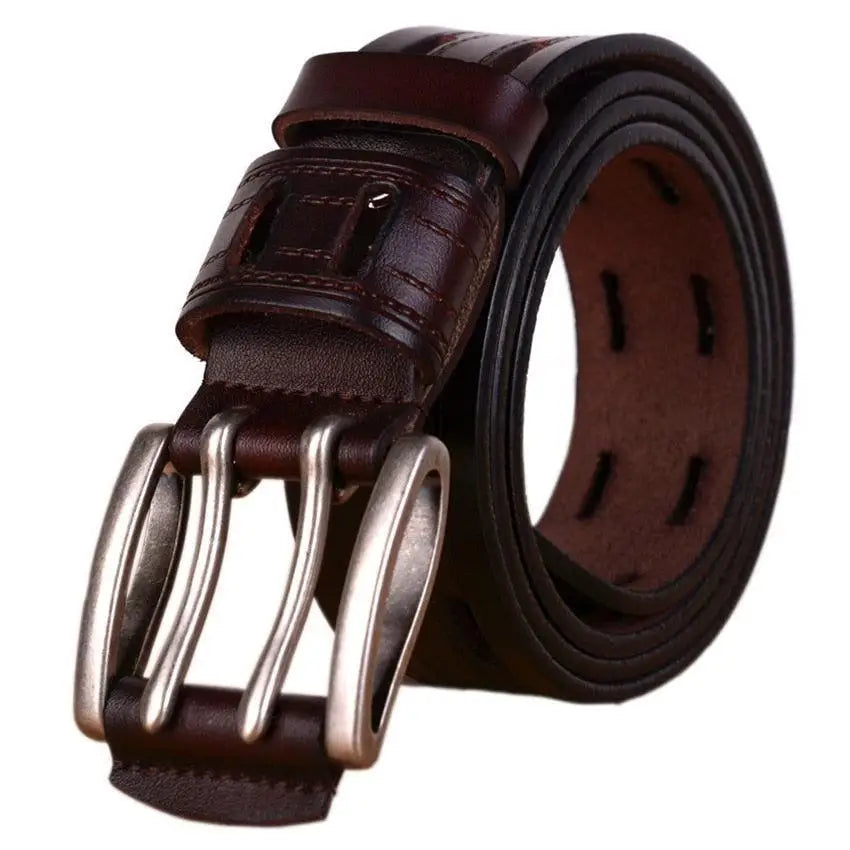 Brown leather belt with a double-pronged silver buckle from Maroon and Brown Leather Belts collection
