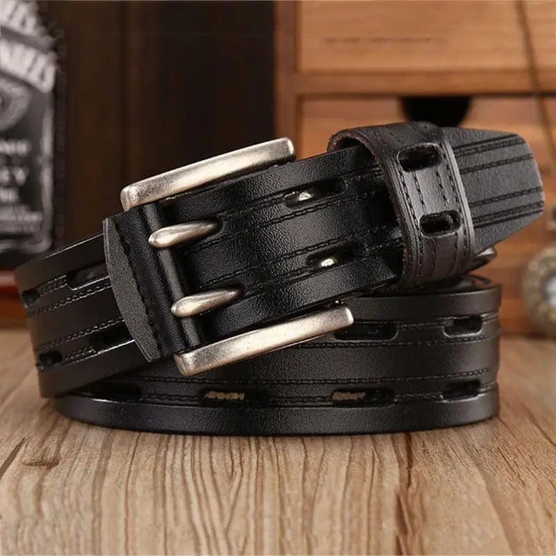Black leather belt with double prong buckle from Maroon and Brown Leather Belts with Silver Buckles