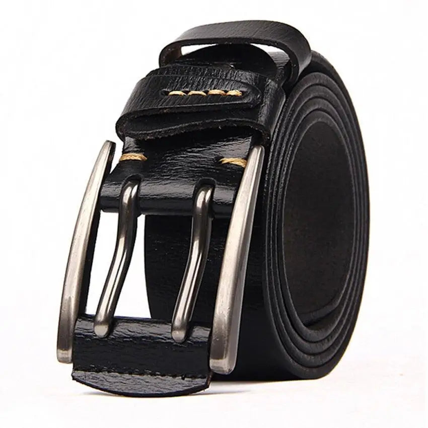Black leather belt with a double prong metal silver buckle for stylish men’s fashion