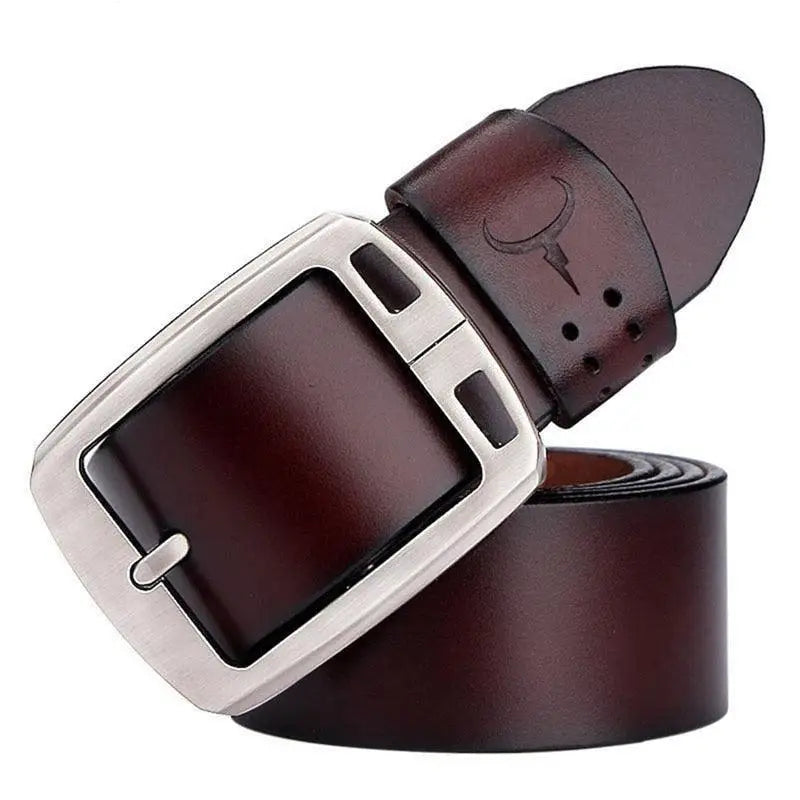 Casual leather belt with silver pin buckle for men, stylish brown leather accessory