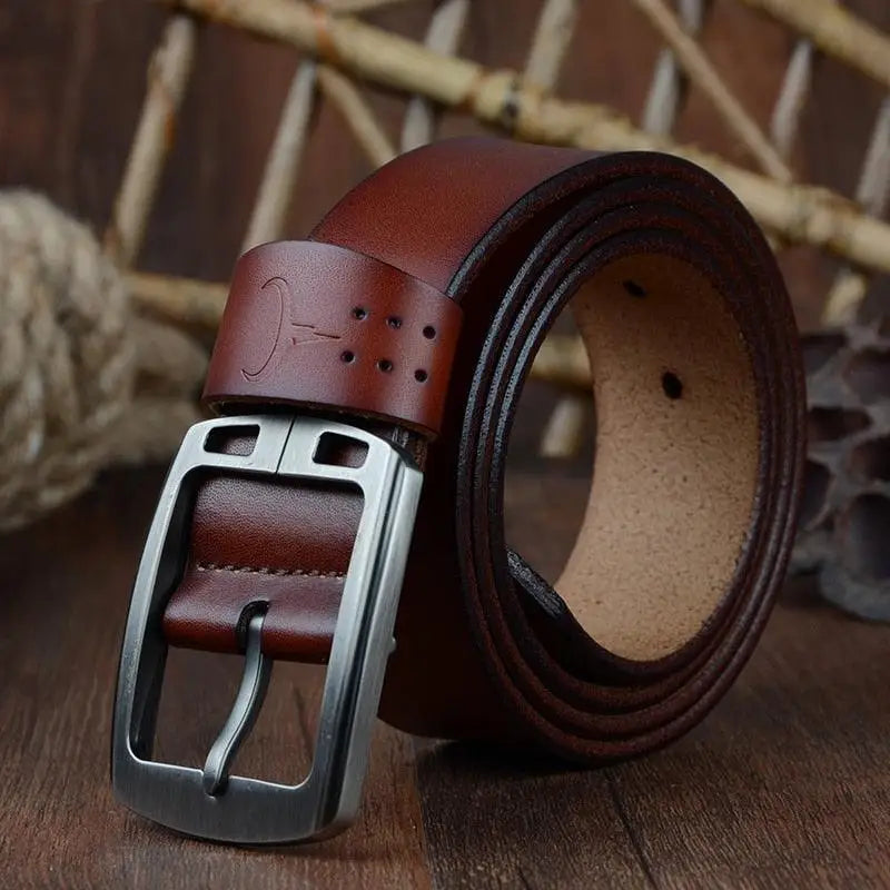 Brown leather belt with silver pin buckle, ideal casual leather belt for men
