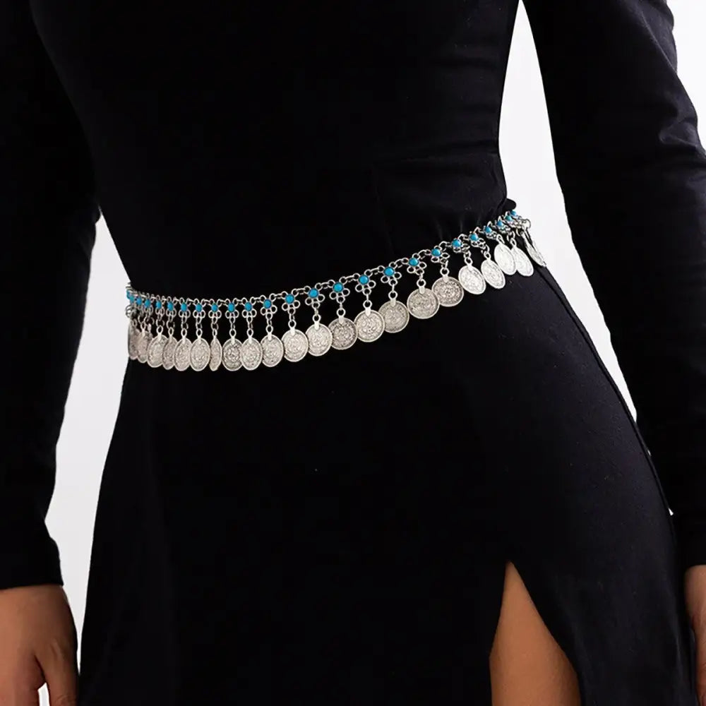 Silver coin belt from Elytie Chain Belt collection featuring turquoise accents