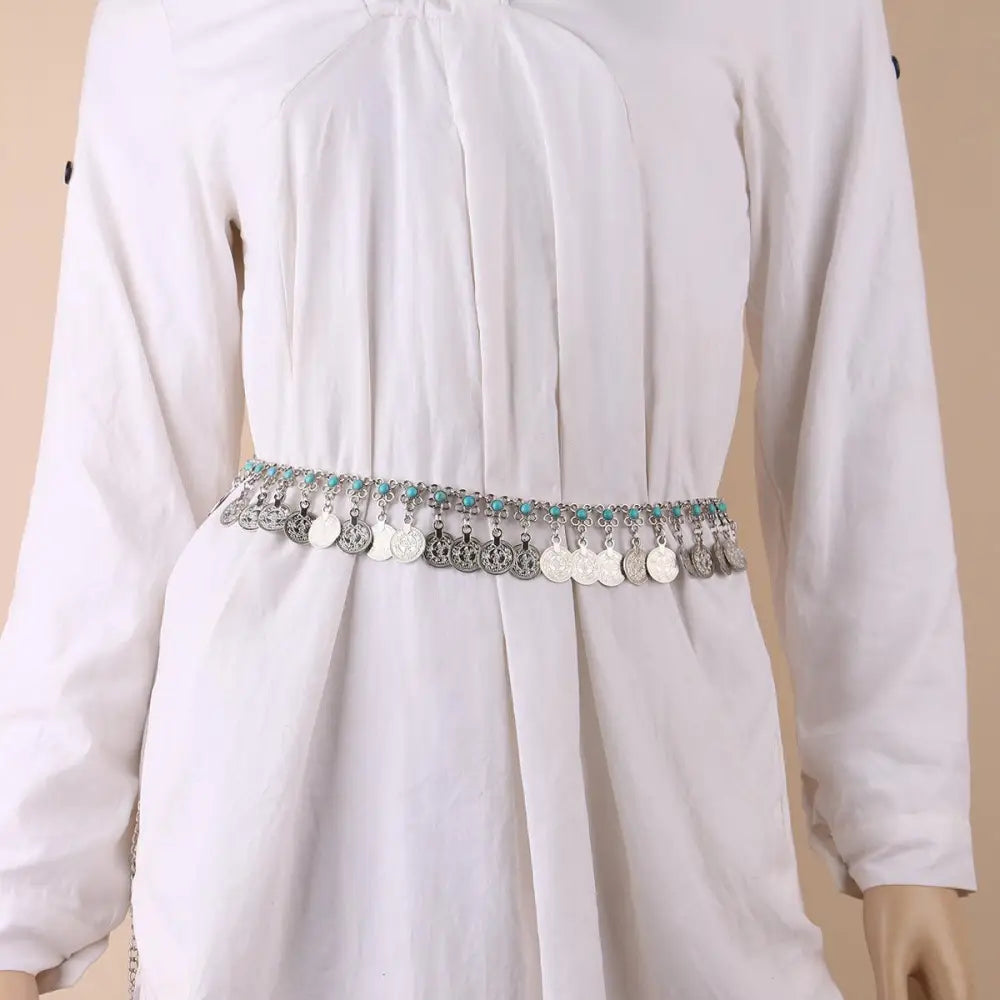 Elytie Chain Belt with Silver Coins and Turquoise Accents on White Dress