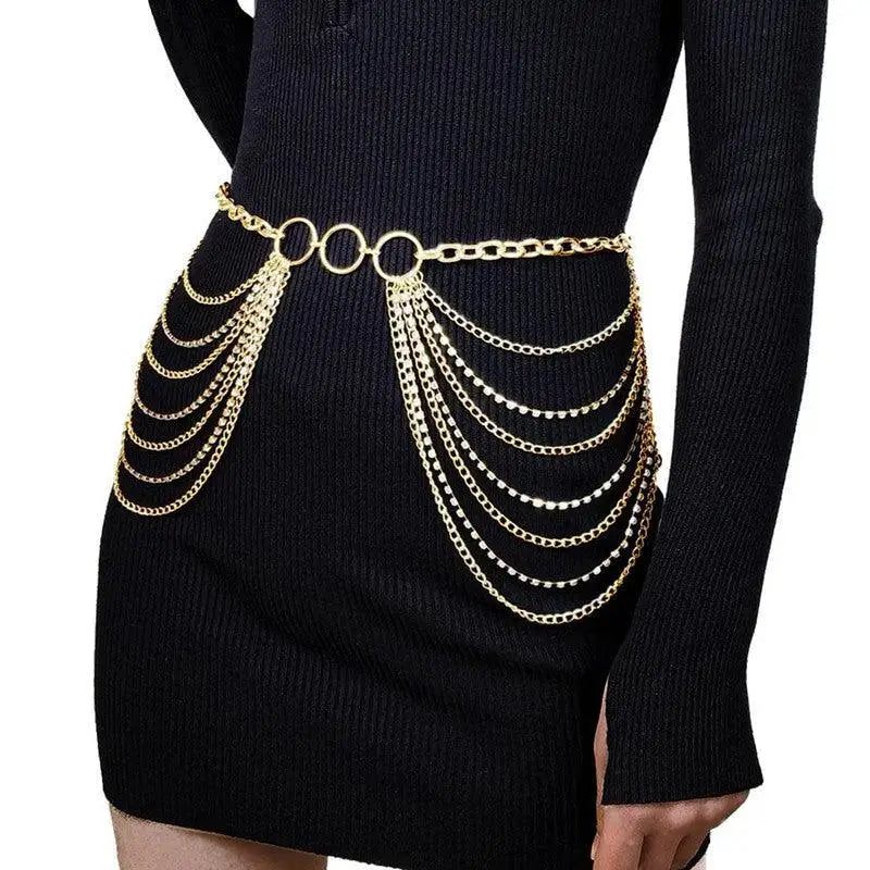 Gold chain belt with cascading strands from Silver and Gold Chain Belt Body Jewelry with Rhinestone Accents