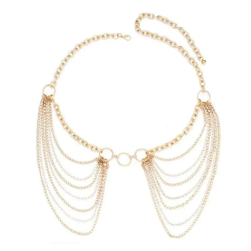 Gold-tone chain fringe body jewelry as part of the Silver and Gold Chain Belt with Rhinestone Accents