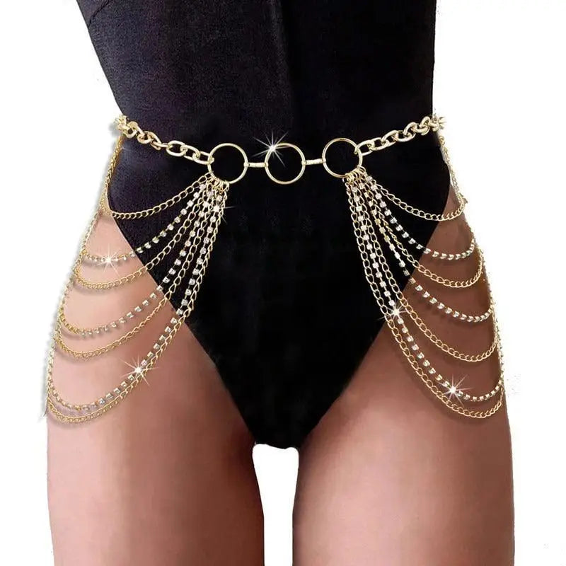 Gold chain body jewelry showcasing elegant chain belt with rhinestone accents