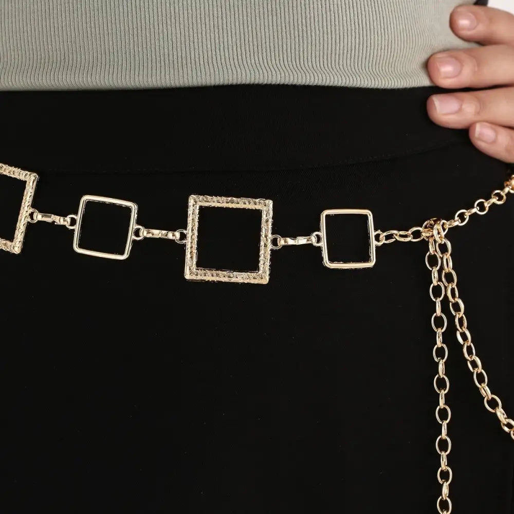 Gold square-linked chain belt displayed with Black Mini Skirt for stylish belt offers
