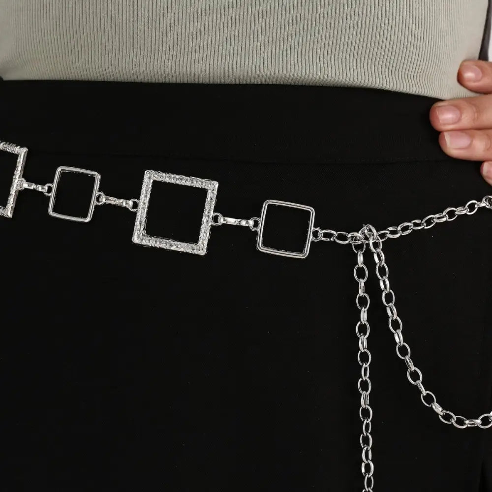 Silver square-linked chain belt featured in Black Mini Skirt with Stylish Belt Offers