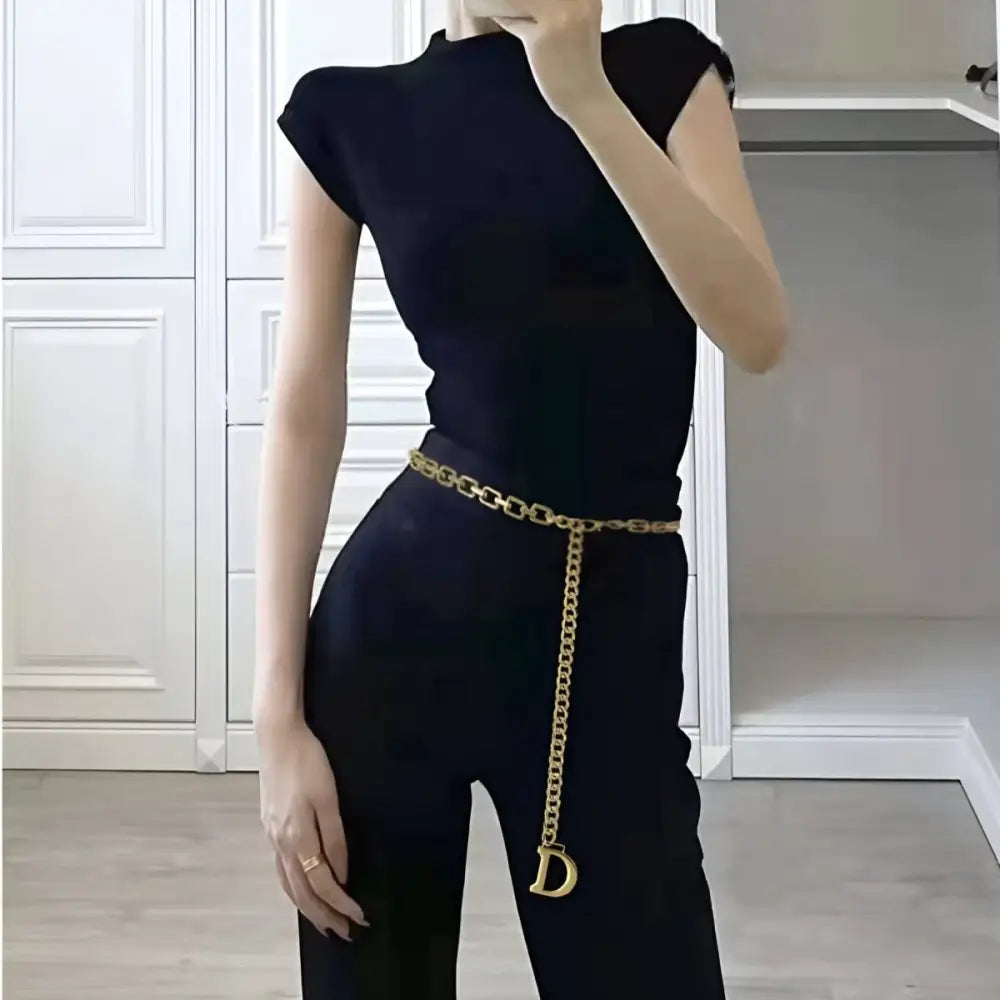 Anasenko Chain Belt with D Charm displayed on a black top and pants for stylish black outfits
