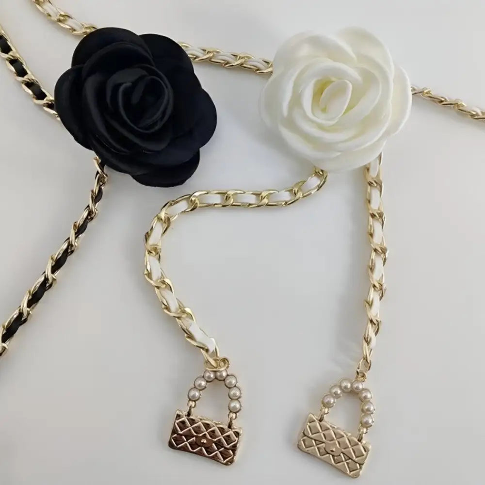 Gold chain belt with black and white fabric roses for Woman Black Pants with White Flower Chain Belt and Charms