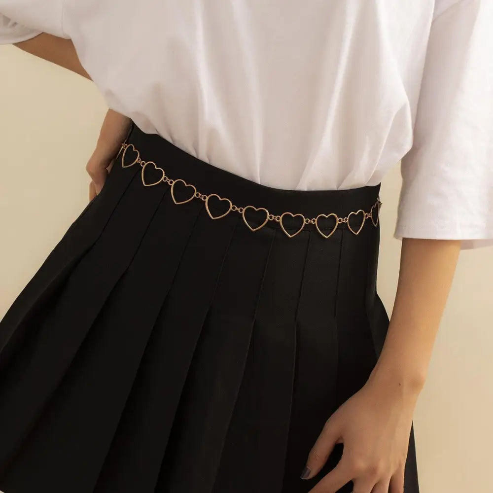 Gold heart chain belt accessory for Black Pleated Skirt fashion ensemble