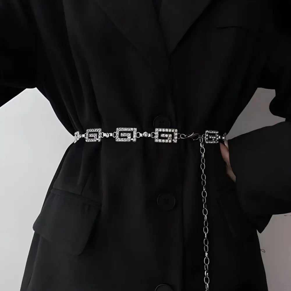 Rhinestone-studded Dudina Women’s Silver Chain Belt with Geometric and Floral Accents