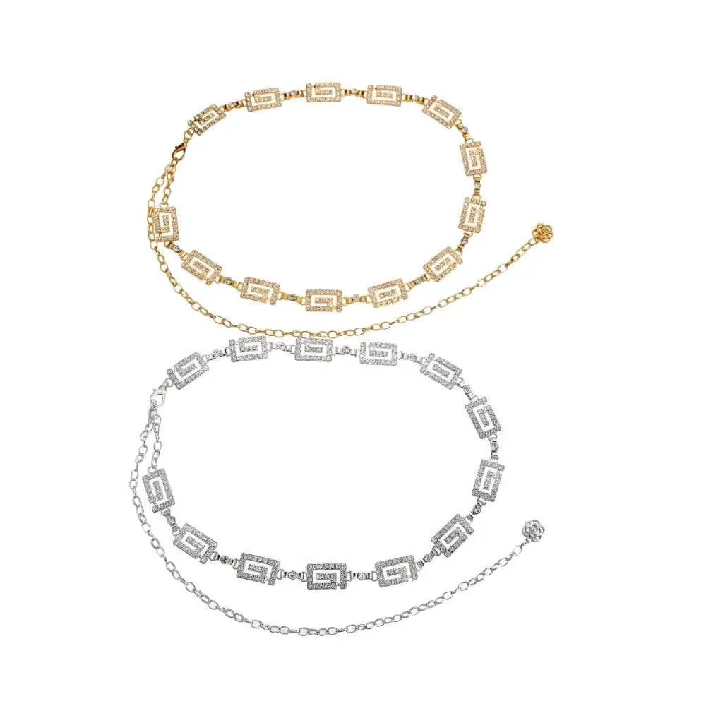 Dudina Women’s Silver Chain Belt with Geometric and Floral Rhinestones for women