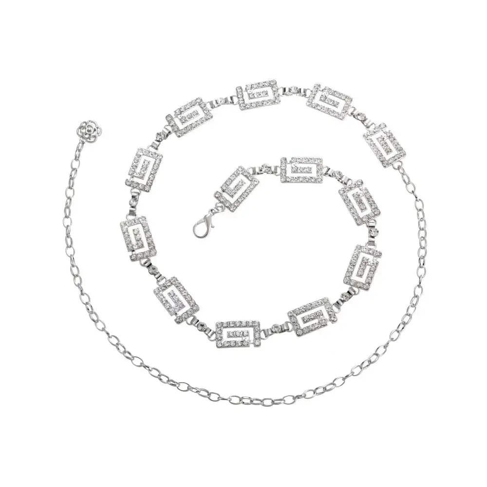 Silver rhinestone Greek key belt from Dudina Women’s Chain collection, women’s chain belt accessory