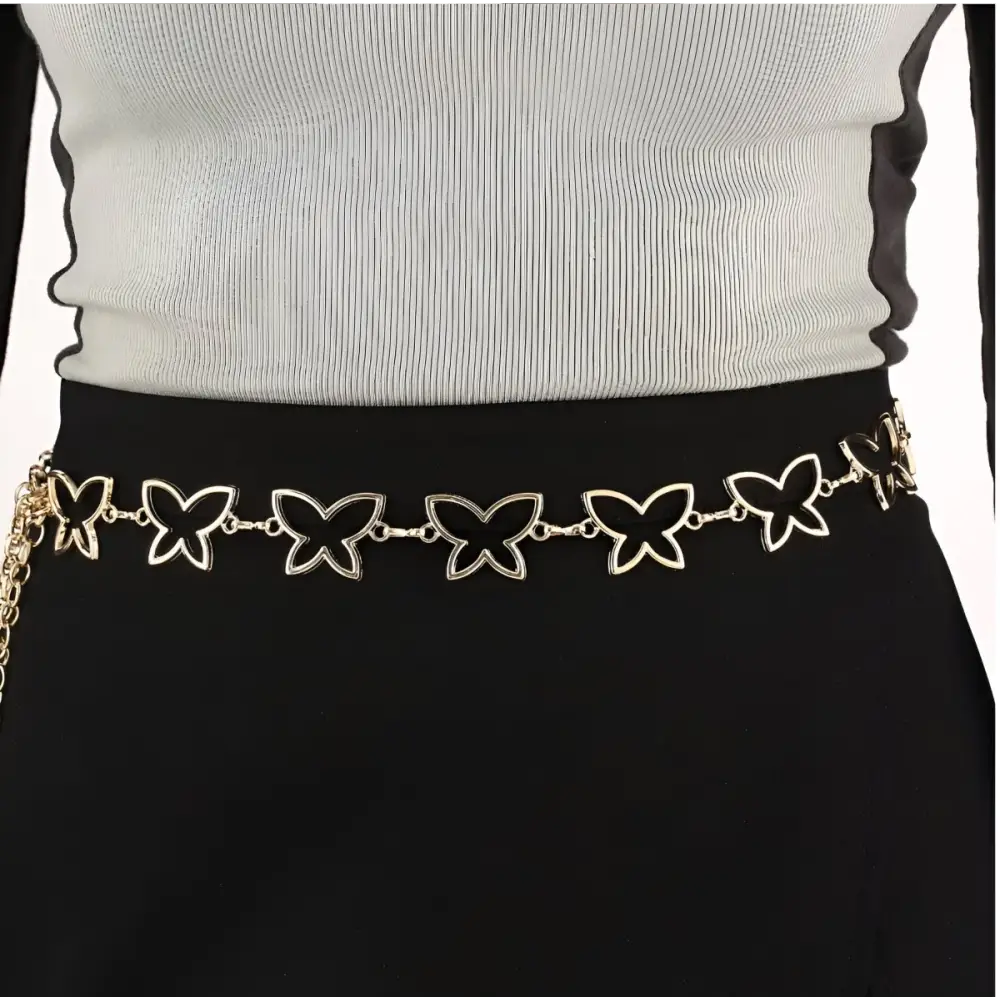 Gold butterfly chain belt for women’s fashion on the Galina model