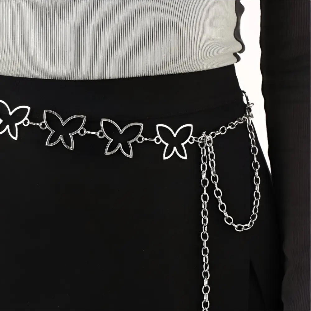 Silver butterfly chain belt for women’s fashion on the Galina model