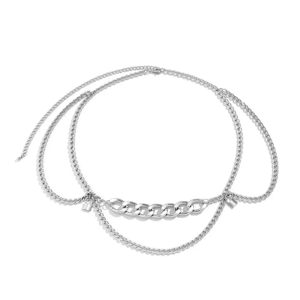 Silver-toned layered chain belt with padlock charms for a stylish look