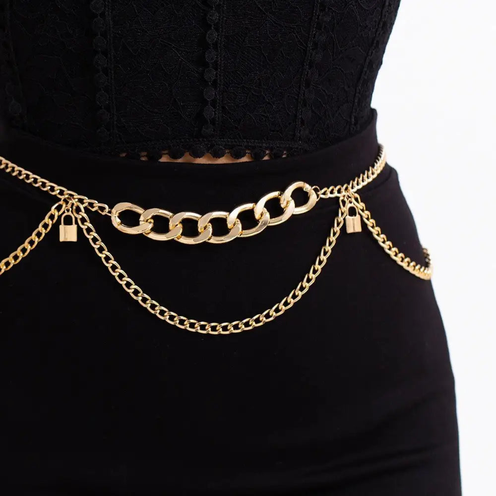 Gold chain belt with padlock charms showcasing a stylish accessory for modern fashion