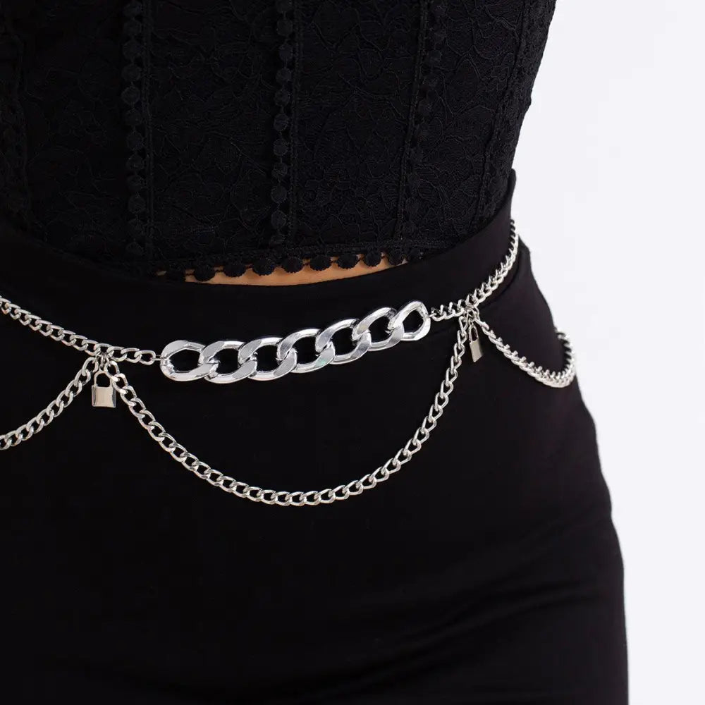 Silver chain belt with padlock charms for a stylish look and versatile accessory
