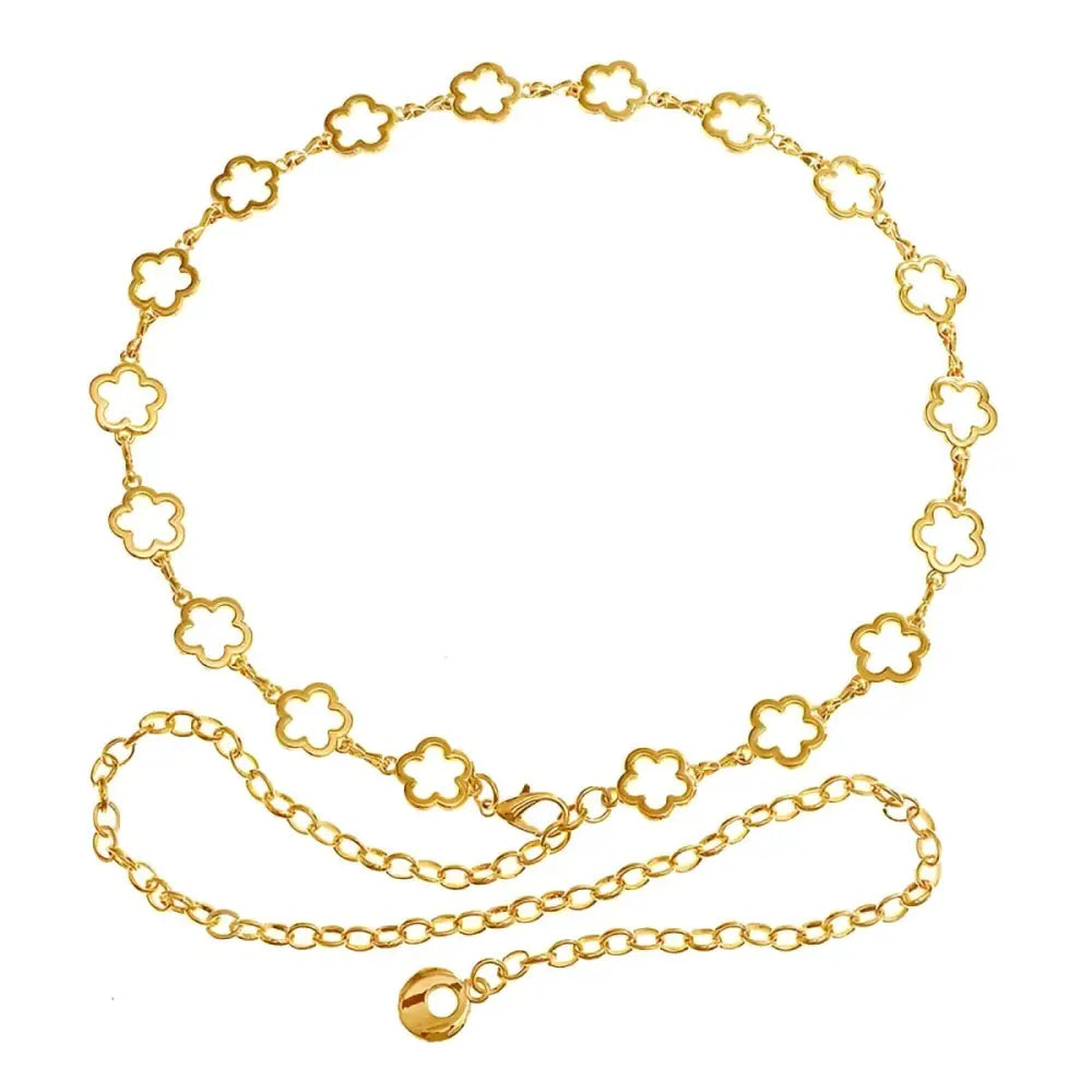 Gold-tone flower chain belt accessory for light blue high-waisted jeans