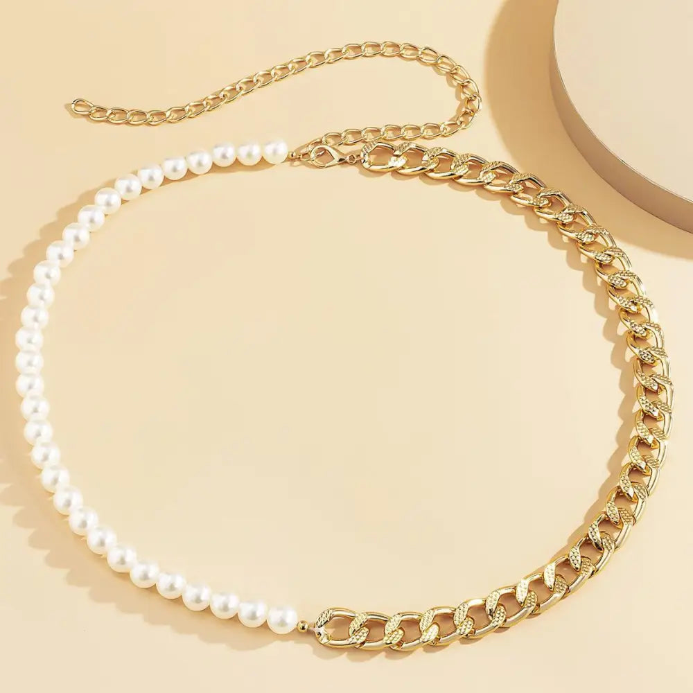 Silver chain belt with pearl and gold accents for elegant faux leather dresses
