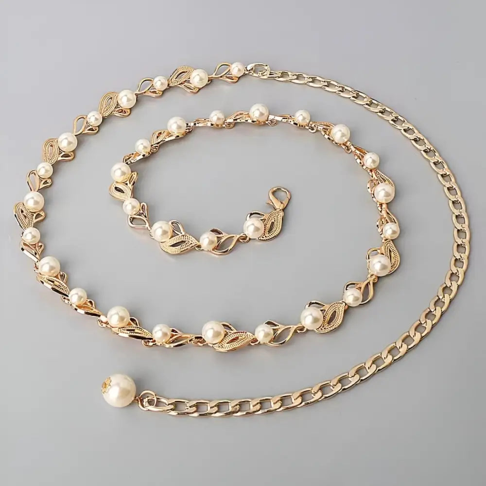 Oborina Model beige blazer featuring a gold-tone pearl-accented chain belt