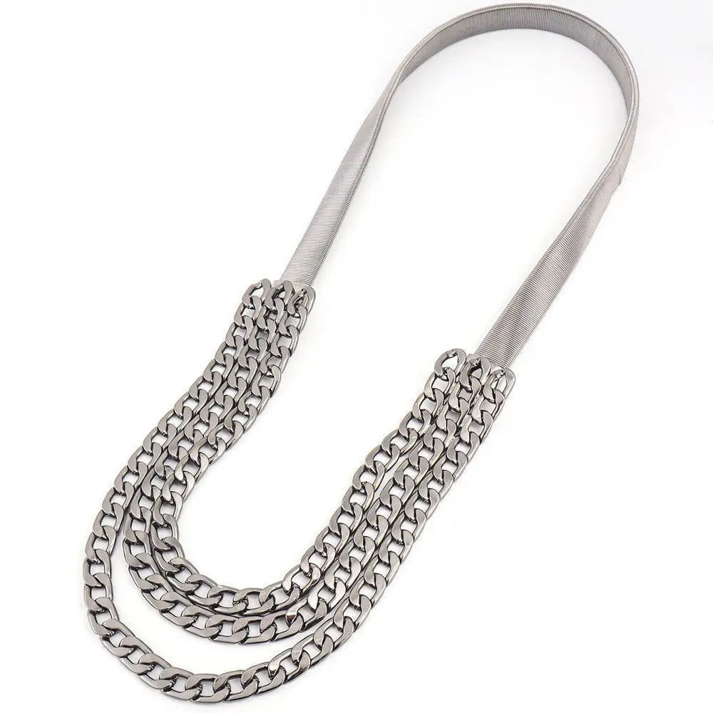 Silver chain belt for women showcasing layered elastic design, ideal women’s chain belt accessory