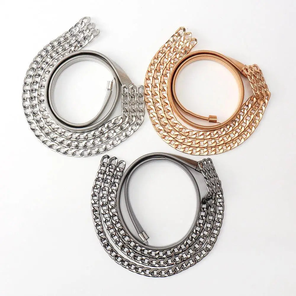 Three gold-toned chain belts for women with layered and elastic designs