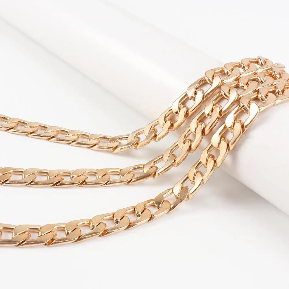 Gold-colored chain-link necklaces shown as stylish women’s chain belt accessories