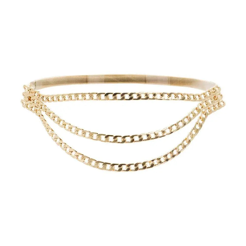 Gold-tone chain belt for women with layered elastic design, stylish women’s chain accessory