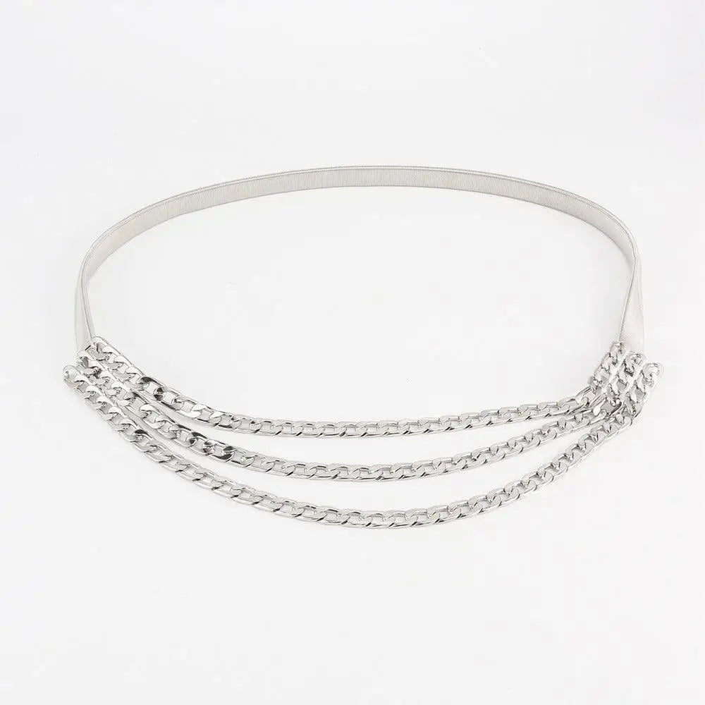 Silver-toned metal chain belt with drapes for women’s chain belt fashion accessory