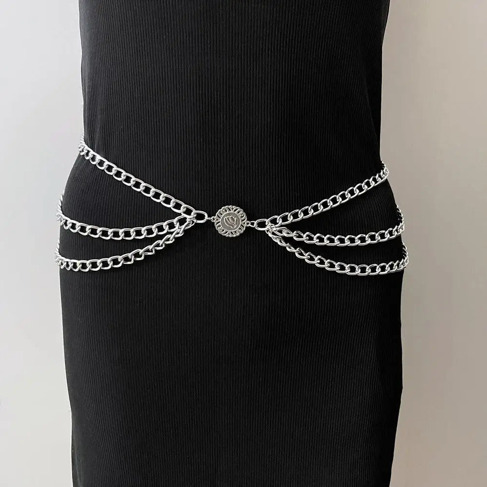 Silver chain waist belt from Royliope Belt collection for elegant green satin dresses