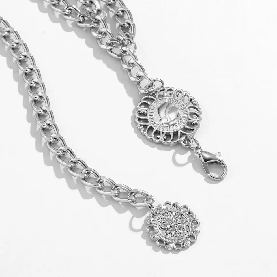 Silver chain belt with decorative medallions from Royliope Belt for elegant green satin dress
