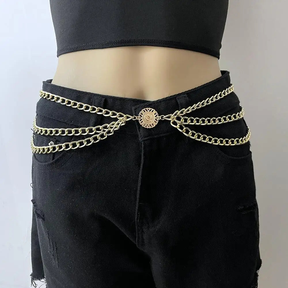 Royliope belt showcasing a gold chain waist accessory for elegant green satin dresses