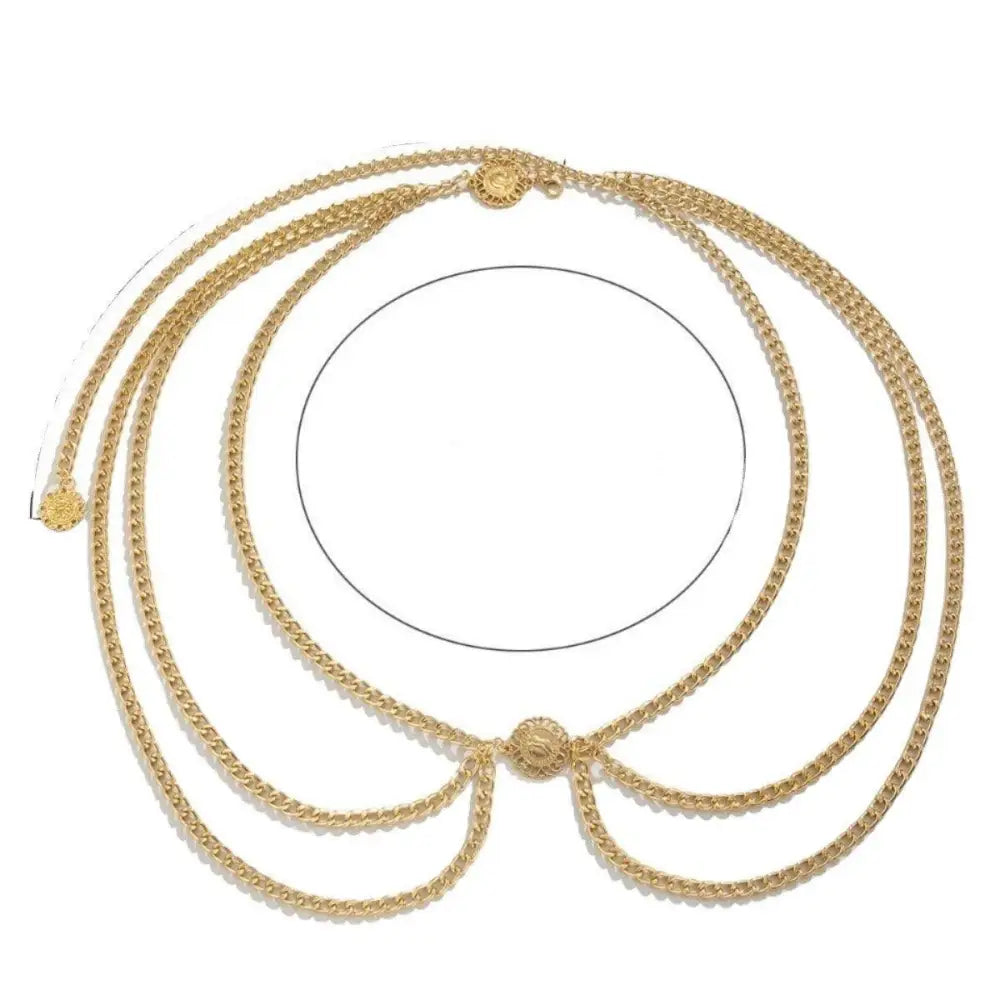 Gold-toned multi-strand chain belt from Royliope for elegant green satin dress