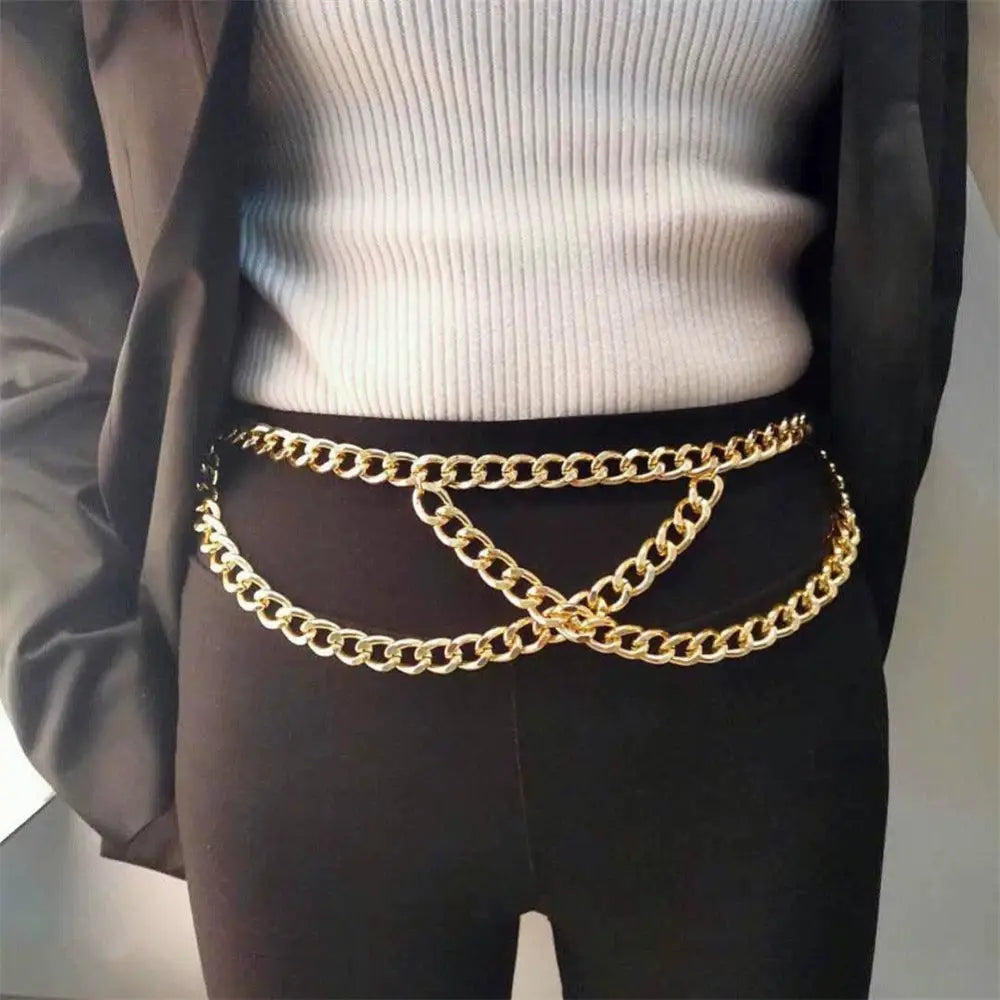 Silver chain belt accessory for Olive Green Dress with elegant gold-tone detail