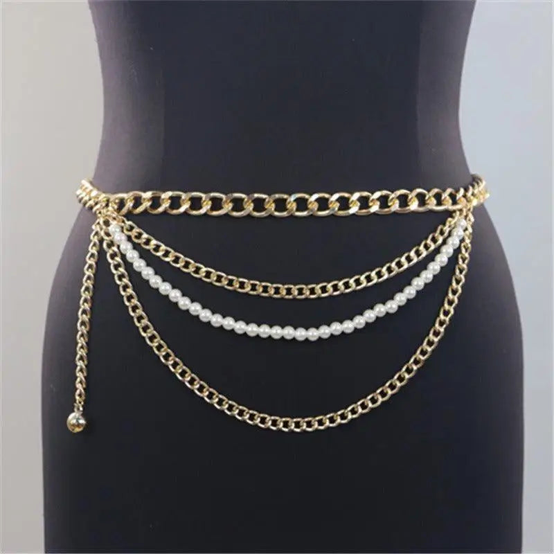 Gold chain belt with pearl accents, elegant waist jewelry accessory for fashion trends